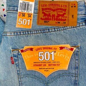 Levis 501 Original Fit Jeans Straight Leg Button Fly 100% Cotton Blue, W36 L34